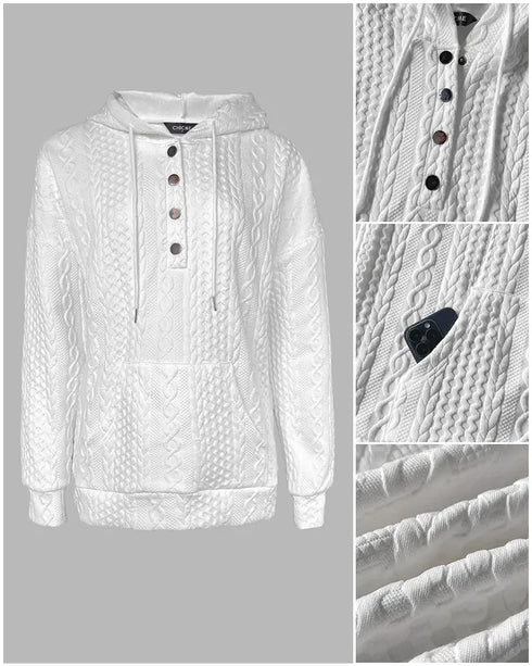 Long Sleeve Half Snap Buttons Front Drawstring Hoodie Sweatshirt Casual Kangaroo Pocket Drop Shoulder Cable Textured Top white