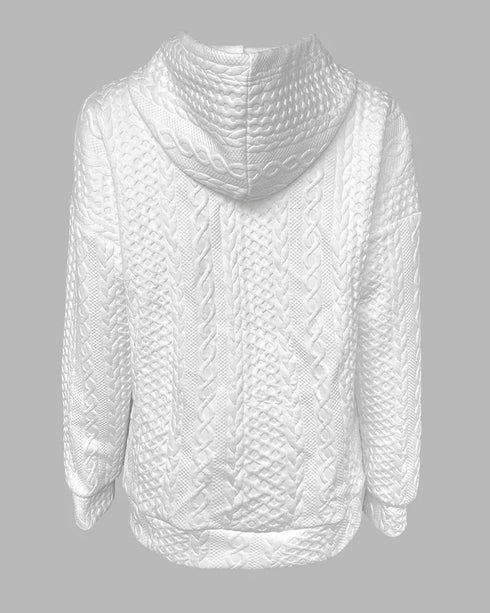 Long Sleeve Half Snap Buttons Front Drawstring Hoodie Sweatshirt Casual Kangaroo Pocket Drop Shoulder Cable Textured Top white