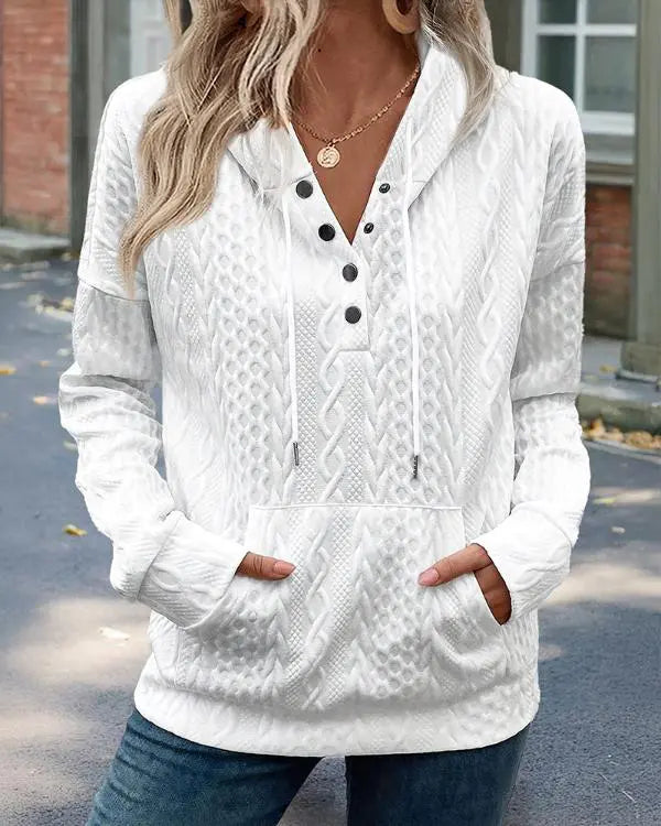Long Sleeve Half Snap Buttons Front Drawstring Hoodie Sweatshirt Casual Kangaroo Pocket Drop Shoulder Cable Textured Top white