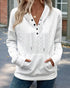 Long Sleeve Half Snap Buttons Front Drawstring Hoodie Sweatshirt Casual Kangaroo Pocket Drop Shoulder Cable Textured Top white