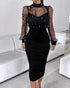 Mock Neck Sheer Mesh Spliced Beaded Bodycon Dress Zipper Back Slit Party Dress black