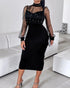 Mock Neck Sheer Mesh Spliced Beaded Bodycon Dress Zipper Back Slit Party Dress black