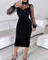 Mock Neck Sheer Mesh Spliced Beaded Bodycon Dress Zipper Back Slit Party Dress black