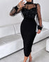 Mock Neck Sheer Mesh Spliced Beaded Bodycon Dress Zipper Back Slit Party Dress black