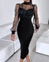 Mock Neck Sheer Mesh Spliced Beaded Bodycon Dress Zipper Back Slit Party Dress black