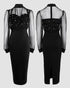 Mock Neck Sheer Mesh Spliced Beaded Bodycon Dress Zipper Back Slit Party Dress black