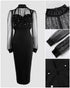 Mock Neck Sheer Mesh Spliced Beaded Bodycon Dress Zipper Back Slit Party Dress black
