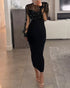 Mock Neck Sheer Mesh Spliced Beaded Bodycon Dress Zipper Back Slit Party Dress black