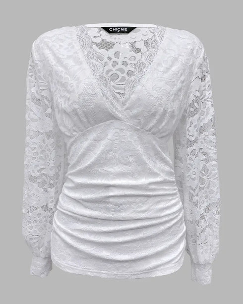 Contrast Lace Deep V-Neck Lantern Sleeve Lace Overlay Ruched Blouse Long Sleeve Slim Fit Top white