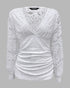 Contrast Lace Deep V-Neck Lantern Sleeve Lace Overlay Ruched Blouse Long Sleeve Slim Fit Top white