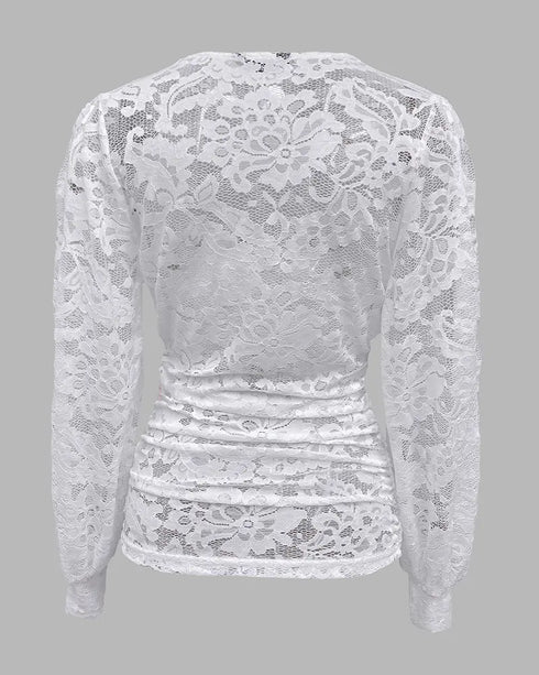 Contrast Lace Deep V-Neck Lantern Sleeve Lace Overlay Ruched Blouse Long Sleeve Slim Fit Top white