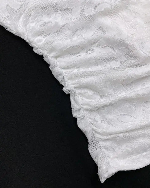 Contrast Lace Deep V-Neck Lantern Sleeve Lace Overlay Ruched Blouse Long Sleeve Slim Fit Top white