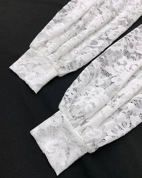 Contrast Lace Deep V-Neck Lantern Sleeve Lace Overlay Ruched Blouse Long Sleeve Slim Fit Top white