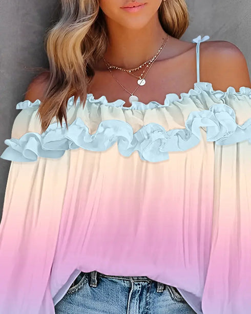 Floral Print Deep V-Neck Contrast Lace Flare Sleeve Bow Tie Front Blouse Casual Ruffle Hem Loose Top Multicolor