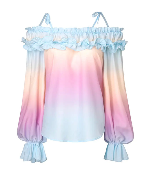 Floral Print Deep V-Neck Contrast Lace Flare Sleeve Bow Tie Front Blouse Casual Ruffle Hem Loose Top Multicolor