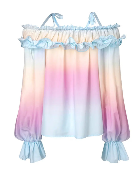 Ombre Cold Shoulder Lantern Sleeve Frill Ruffle Hem Blouse Top Multicolor