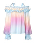 Ombre Cold Shoulder Lantern Sleeve Frill Ruffle Hem Blouse Top Multicolor