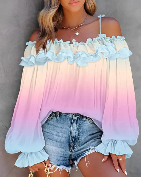 Floral Print Deep V-Neck Contrast Lace Flare Sleeve Bow Tie Front Blouse Casual Ruffle Hem Loose Top Multicolor