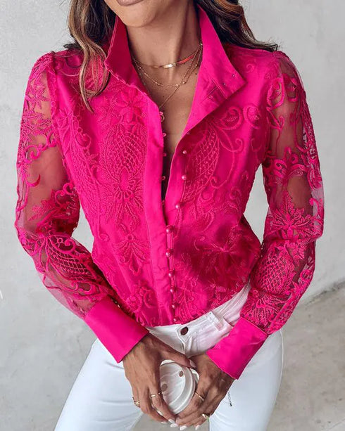 Pearls Decor Buttoned Lace Top hot pink