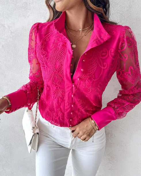 Pearls Decor Buttoned Lace Top hot pink