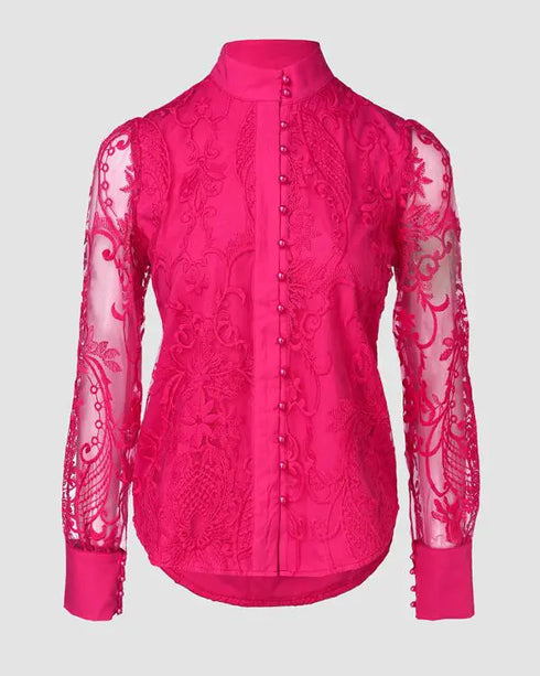 Pearls Decor Buttoned Lace Top hot pink