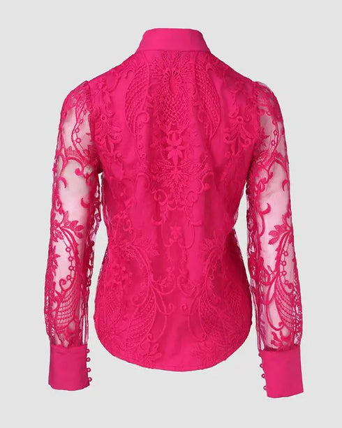 Pearls Decor Buttoned Lace Top hot pink