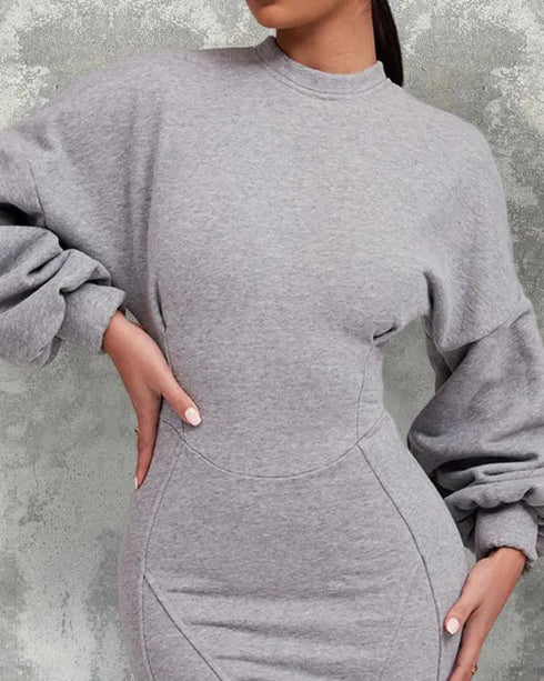 Lantern Sleeve Bodycon Pullover Sweatshirt Dress Crew Neck Mini Dress light gray