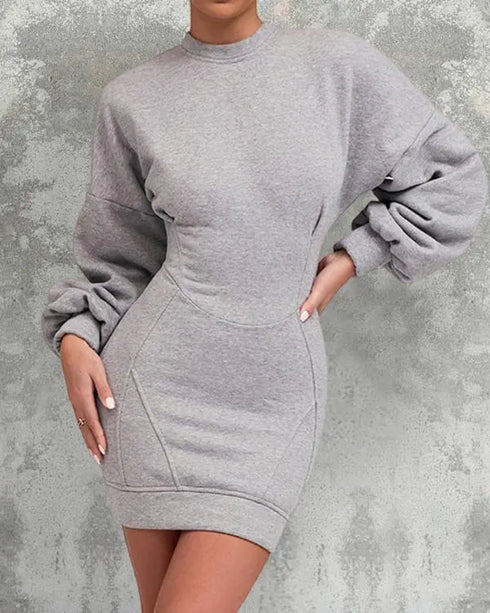 Lantern Sleeve Bodycon Pullover Sweatshirt Dress Crew Neck Mini Dress light gray