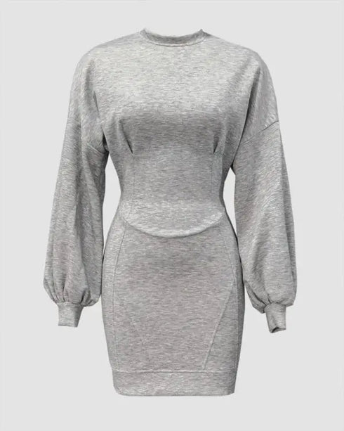 Lantern Sleeve Bodycon Pullover Sweatshirt Dress Crew Neck Mini Dress light gray