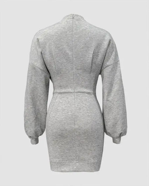 Lantern Sleeve Bodycon Pullover Sweatshirt Dress Crew Neck Mini Dress light gray