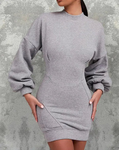 Lantern Sleeve Bodycon Pullover Sweatshirt Dress Crew Neck Mini Dress light gray