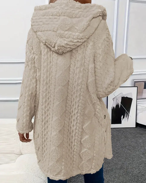 Argyle Textured Button Down Side Slit Long Sleeve Fleece Teddy Coat Hooded Jacket Warm Outwear Light Coffee