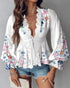 Floral Print Deep V-Neck Contrast Lace Flare Sleeve Bow Tie Front Blouse Casual Ruffle Hem Loose Top white