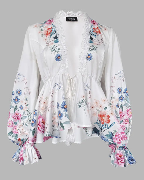 Ombre Cold Shoulder Lantern Sleeve Frill Ruffle Hem Blouse Top white