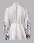 Floral Print Deep V-Neck Contrast Lace Flare Sleeve Bow Tie Front Blouse Casual Ruffle Hem Loose Top white