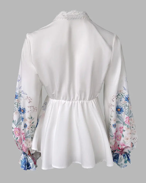 Floral Placement Print Deep V-Neck Contrast Lace Lantern Sleeve Flare Cuffs Blouse Casual Bow Tie Front Ruffle Hem Loose Top white
