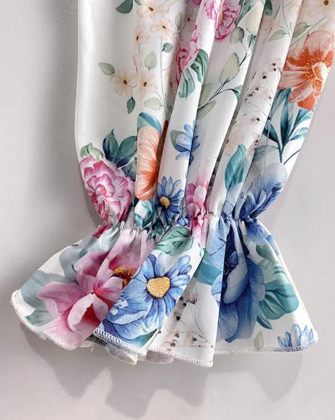 Floral Placement Print Deep V-Neck Contrast Lace Lantern Sleeve Flare Cuffs Blouse Casual Bow Tie Front Ruffle Hem Loose Top white