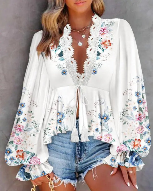 Ombre Cold Shoulder Lantern Sleeve Frill Ruffle Hem Blouse Top white